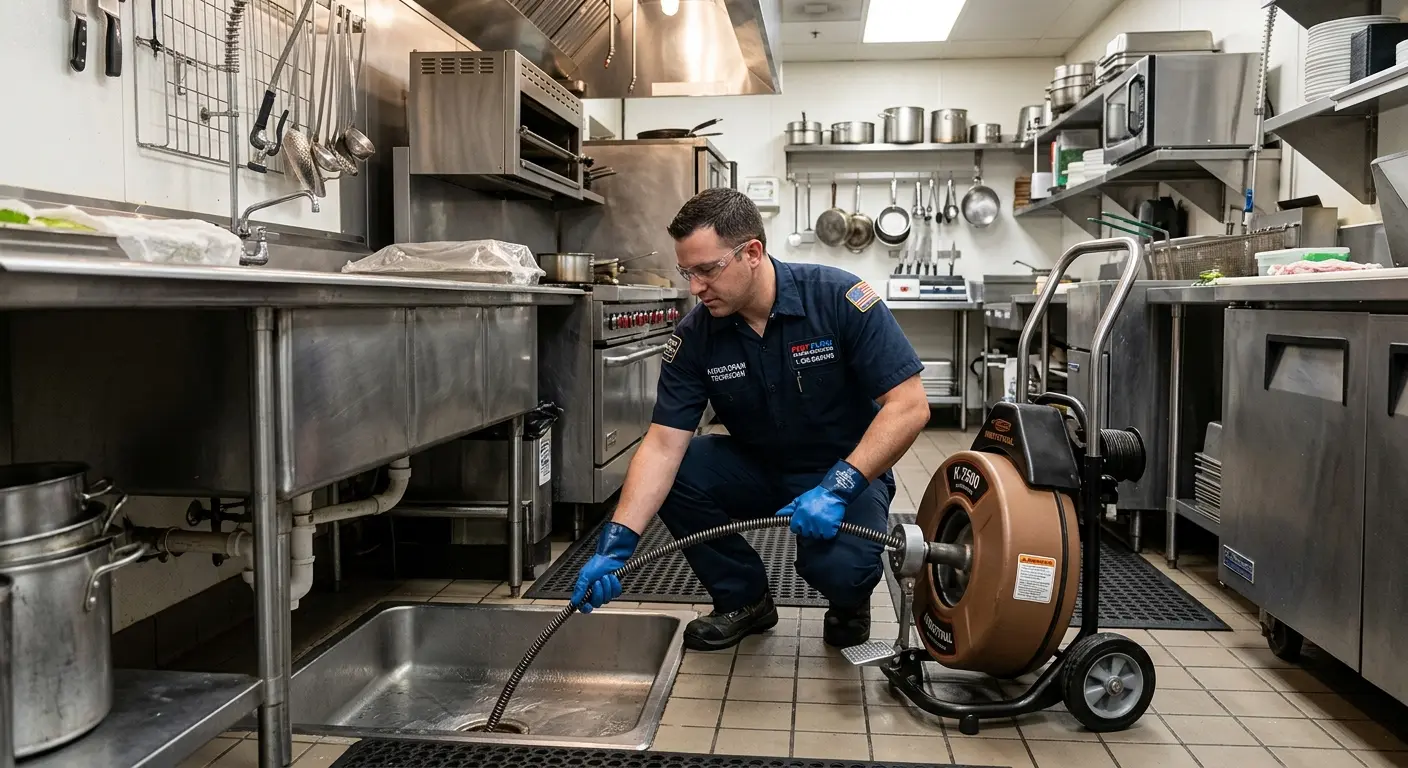 Commercial drain cleaning service in a restaurant kitchen in Saraland