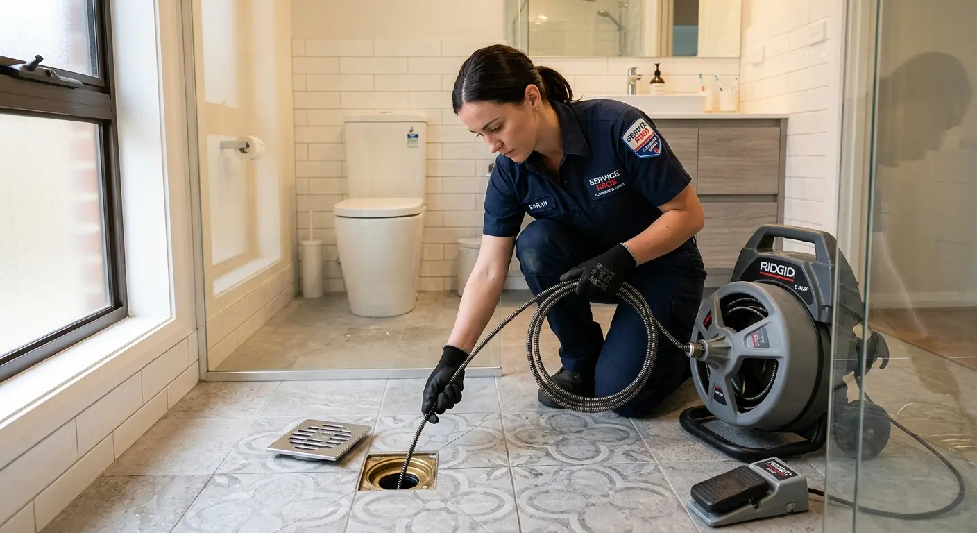 Technician clearing a bathroom floor drain for Sewer Line Replacement in Saraland
